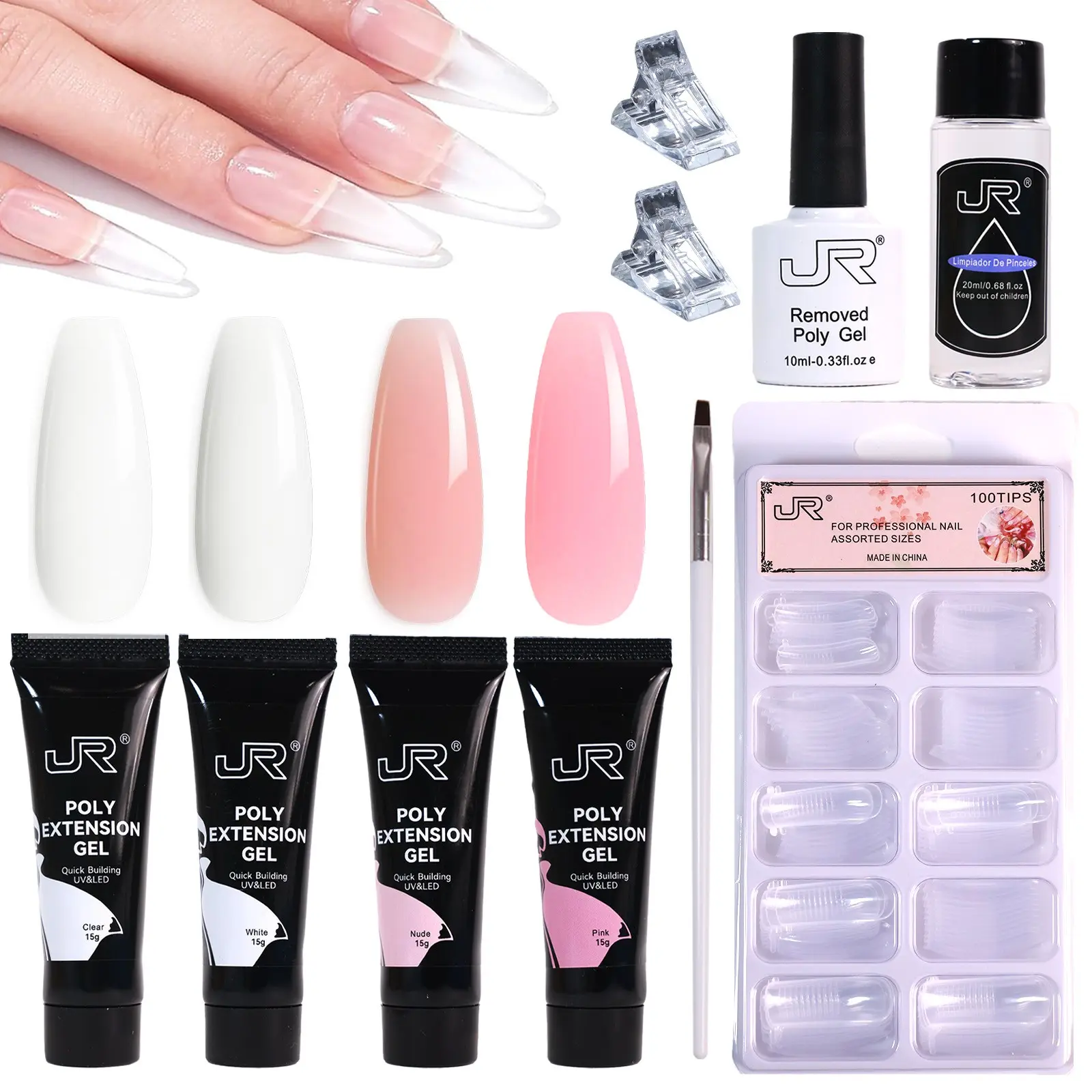 JR Extension Gel Nail Kit with Slip Solution Dual Nail Form Brush Clear White Nude Pink Poly Nail Gel with Clips for Poly Gel Brush Pen Starter Kit for Home Manicure Set