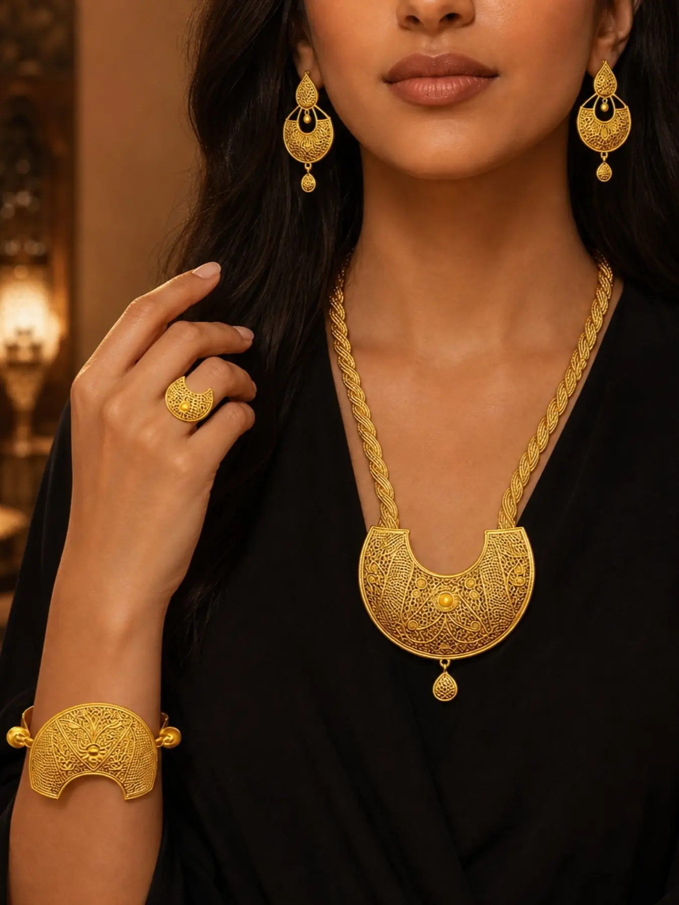 4 pieces set Middle East necklace costume jewelry set golden-plated hollow arc elegant style ring necklace earrings bracelet adjustable jewelry suitable for bridal wedding party banquet accessories Necklace And Earring Set Weddings Sets