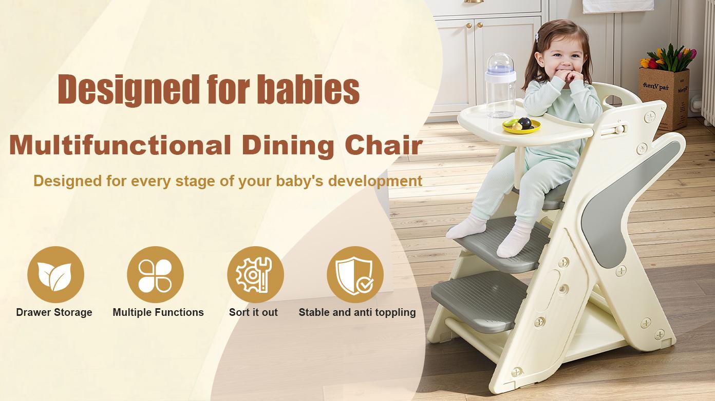 [Bellemave]Multi functional Growing Up Dining chair,A high chair suitable for eating and feeding,Adjustable Height Toddler Tower,Use five-point seat belts and a movable large dinner plate.
