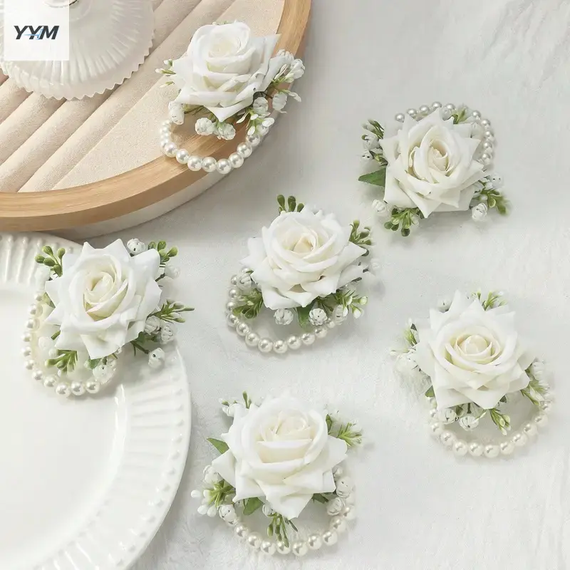 YYM 6Pcs Artificial Rose Wrist Corsage Jewelry Sets - Elegant Pearl Rose Embellishments Floral Bracelets, Bridal Accessory, Vintage Decor Prom Events, Rose Embellishments Jewelry Sets
