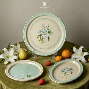 Cottagecore Green Ceramic Dinner Plate Lily Floral Dinnerware, Microwave Dishwasher Safe Beaded Edge Porcelain Salad Plate, Beautiful Kitchen Serving Dish