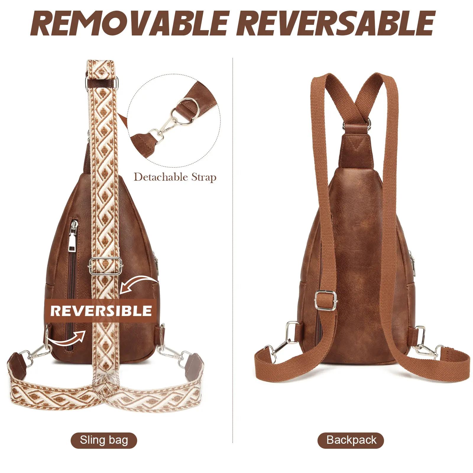 Sling Bag Small Crossbody Backpack Purse 2 in 1 Vegan Leather Cross Body Bag Fanny Pack with 2 Removable Strap Chest Shoulder Bag for Travel Daily Use