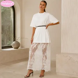 Yolabra Two-In-One Lace Spliced Midi Dress Oversized Short Sleeve Tee Maxi Dress Sheer Floral Lace Hem Layered Gown Crew Neck Loose Casual T-Shirt Dress See-Through Eyelash Lace Long Skirt
