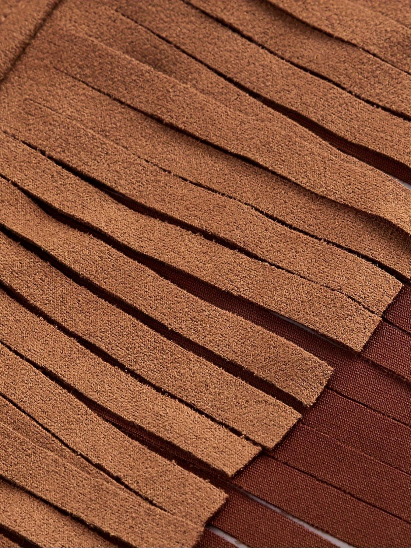 Women's Fringe Detail Denim Vest, Faux Suede Material, Button Front V Neck Sleeveless Top, Casual Spring & Fall Fashion, Casual Sleeveless Outerwear