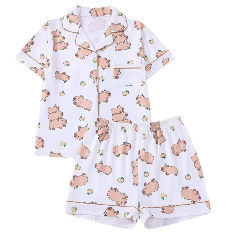 Capybara Kids' Pajamas for Big Girls, 2026 New Summer Flame-Retardant Lightweight Short-Sleeve and Shorts 2pcs Set, Unisex Outerwear Loungewear 2pcs Set