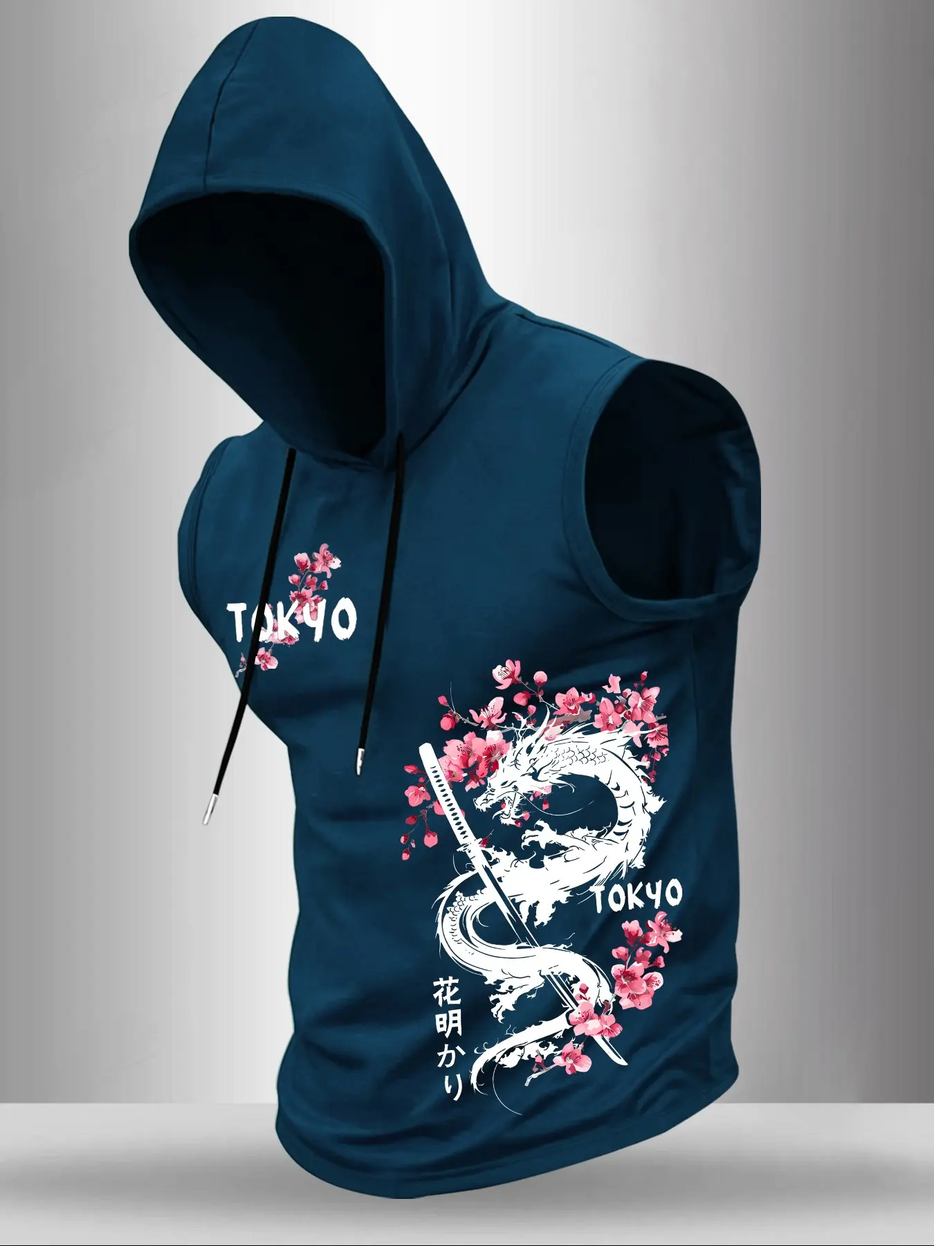 Men Sleeveless Hooded Tank Top Japanese Ink Dragon Sakura Katana Tokyo Letter Graphic Print Drawstring Hood Vest Casual Fashionable Gym Workout Streetwear Lightweight Hoodie Tank For Urban Harajuku Style Daily Outfits