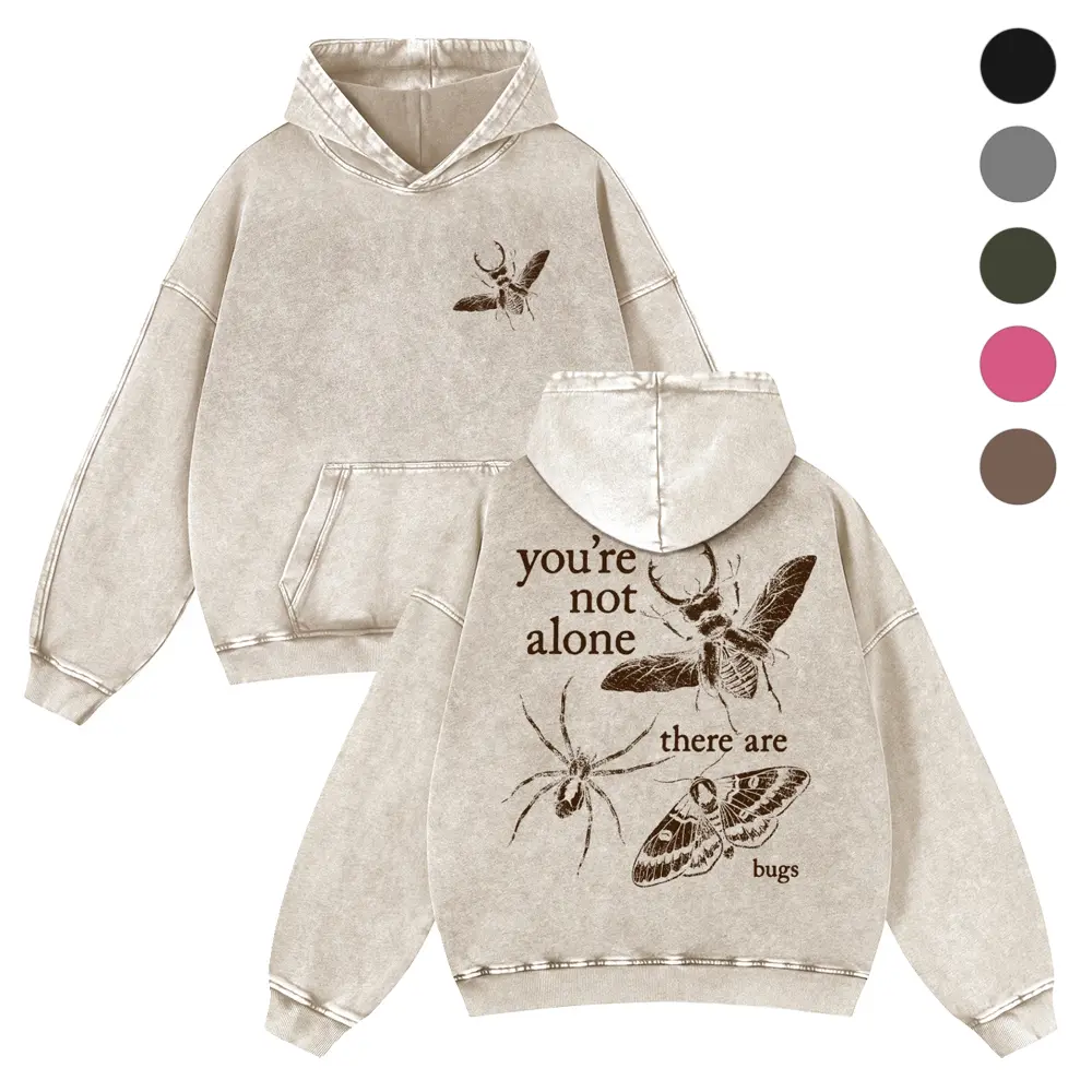 [ DTG Print ] "you're not alone there are bugs"Retro Sketch Style Spider Stag Beetle Moth Insect Graphic 380g Autumn VIntage Washed Hoodie Graphic Sweatshirt