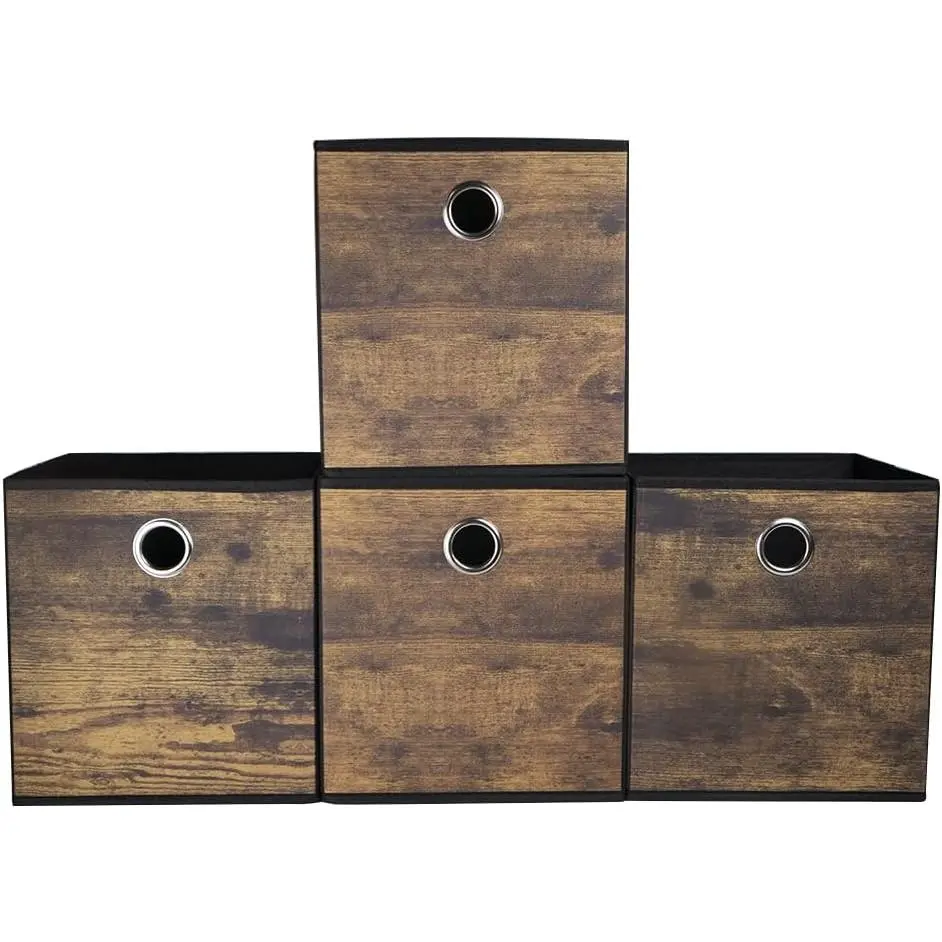4 Pack Durable Storage Cube Bins with Wood Grain,Thickened Fabric Box,Storage Baskets for Open Shelf,Bookcase,Closet,Storeroom,Bedroom,Living Room,Nursery,Office,Dorm, 10.2x10.2x11in (Small)
