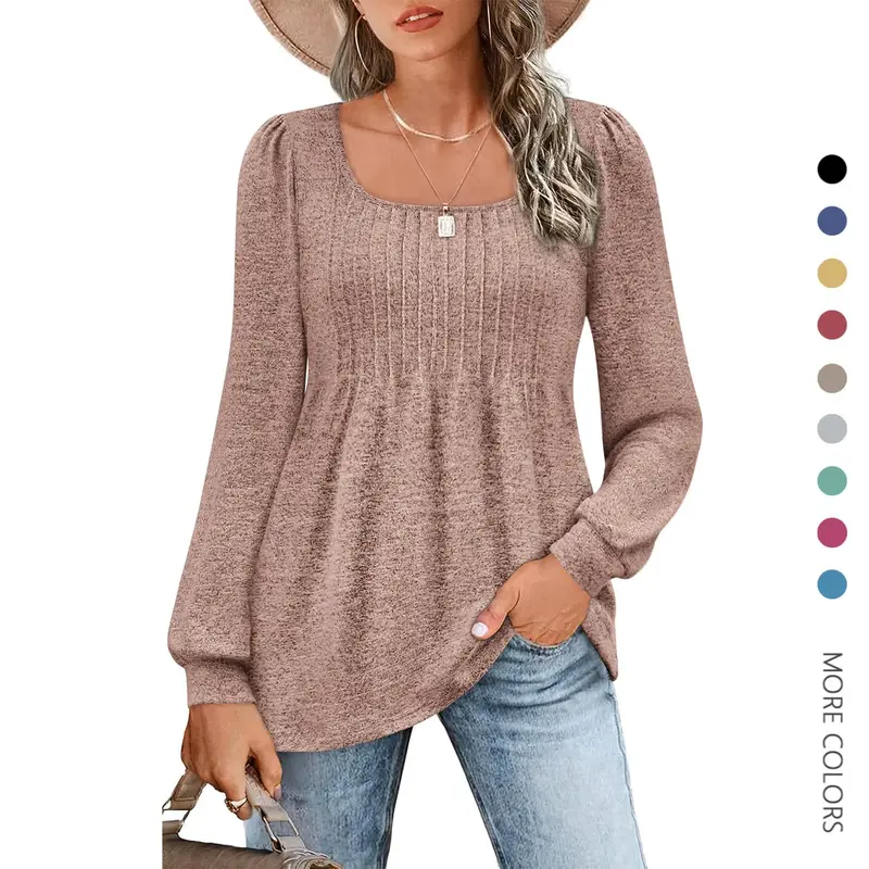 Danedvi Women's Minimalist Front Pleats Blouse - Polyester-Spandex Blend, Puff Long Sleeves, Loose Scoop Neck, Medium Length Draped Tunic Top, Plus Size, Casual Coffee Date Outfit, S-2XL Capsule Wardrobe Layering Staple (Cold Wash Safe)