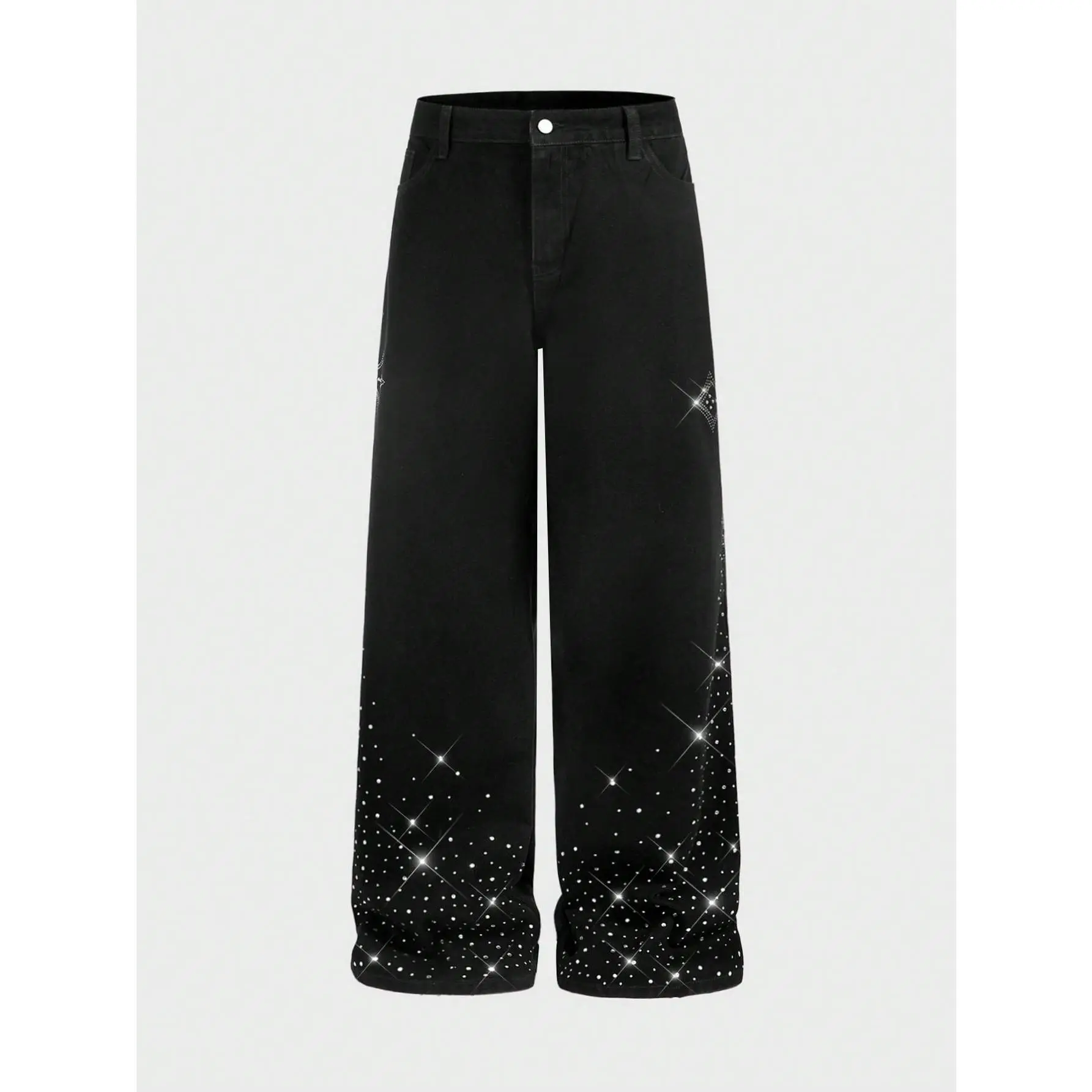 Men's Black Baggy Jeans High Waist Wide Leg Denim Pants with Rhinestone Sparkle Detail, Loose Fit Streetwear Trousers, Y2K Fashion Casual Jeans for Men, Trendy Hip Hop Style Oversized Pants for Daily Wear