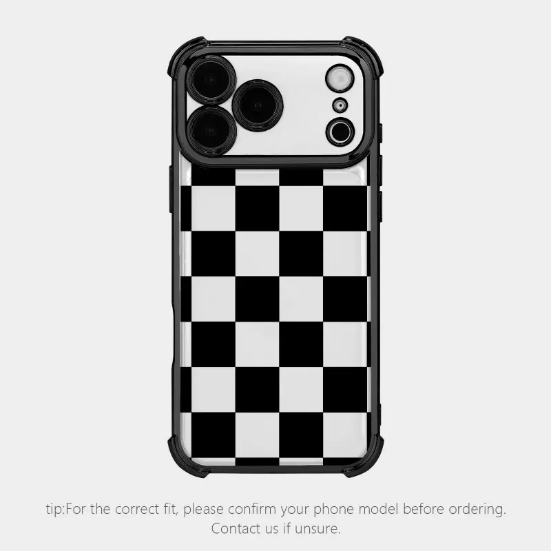 Black Checkered 4-Corner Shockproof TPU Phone Case - Simple Stylish, Camera Lens Protection, Durable Anti-Drop Cover Compatible with iPhone 17 Air, 16 Pro Max, 15, 14 Plus, 13, 12, 11/XR/XS & Samsung Galaxy S26 Ultra, S25, S24, S23