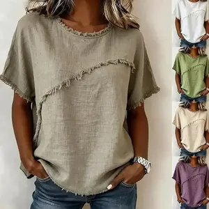 Women’s Crew Neck Short Sleeve Blouse, Loose Raw Edge Panel Summer Top, Casual Lightweight Shirt for Streetwear, Shopping & Daily Outfits