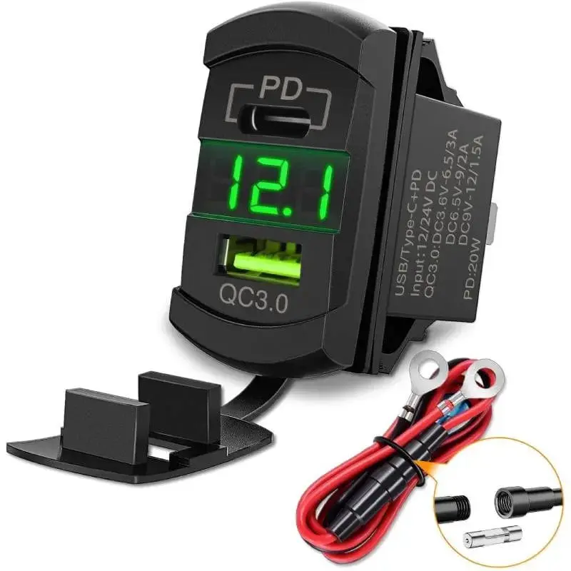Nilight Green Rocker Switch Style Charger PD Type C QC 3.0 USB, Volt Meter, Abs Plastic