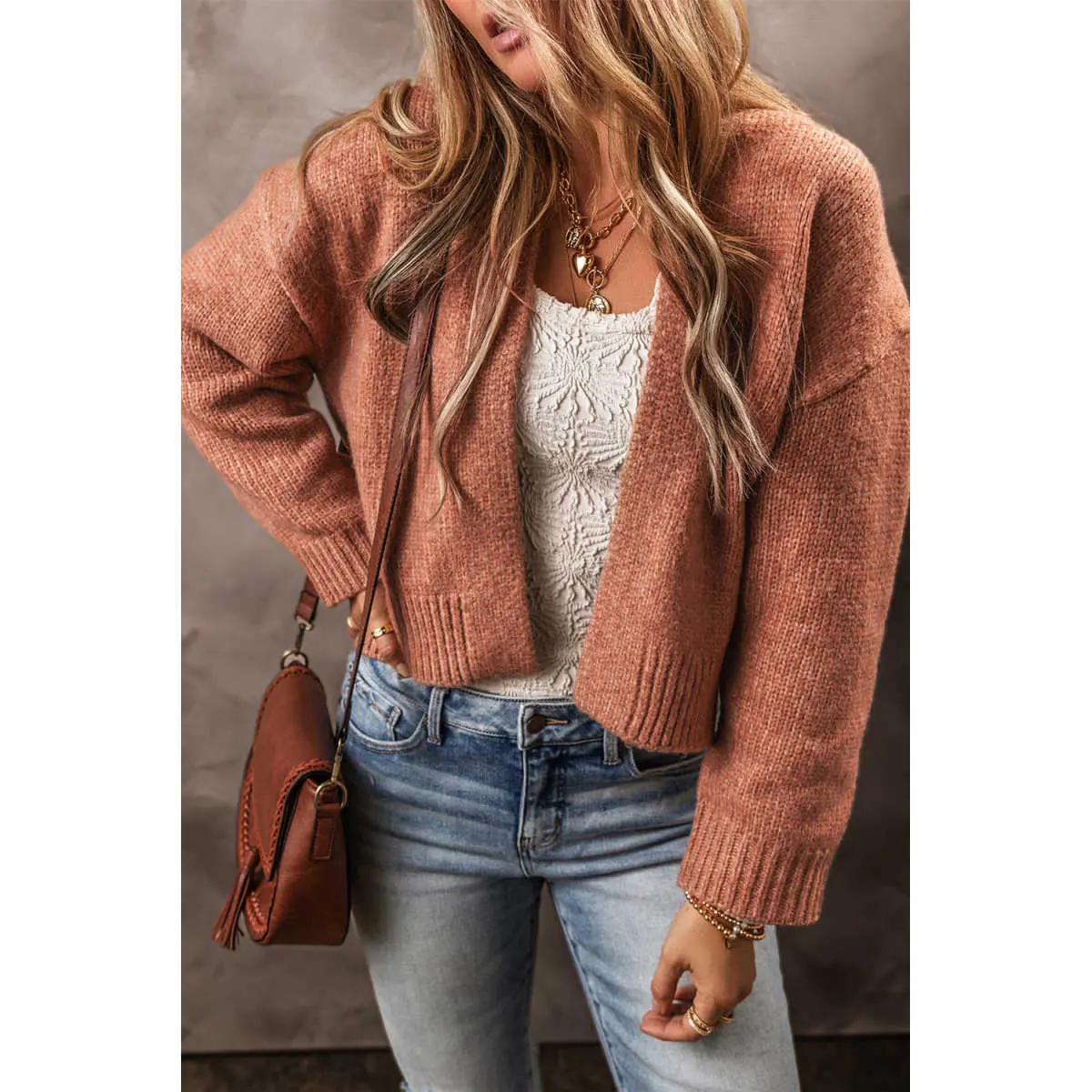 Women's Cropped Cardigan Sweater, Open Front Drop Shoulder Knit Layering Top Casual Fashion Outfit
