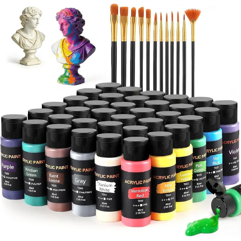 Acrylic Paint Set with 12 Art Brushes, 36 Colors (2 oz/Bottle) Acrylic Paint for Painting Canvas, Wood, Ceramic and Fabric, Paint Set for Beginners, Students and Professional Artist, Rich Pigments