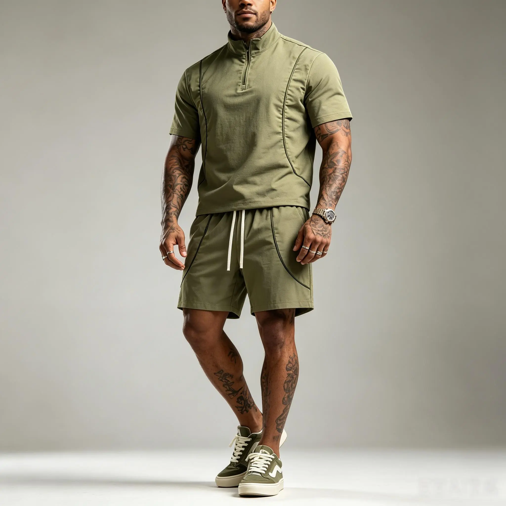 Men's Modern 2-Piece Polyester Athleisure Set - Quick-Dry Shortsleeve Half-Zip Top, Loose-Fit Multi-Pocket Shorts, Elastic, Plain, Matching, for Summer Sports & Casual Wear, Male, Cold Wash