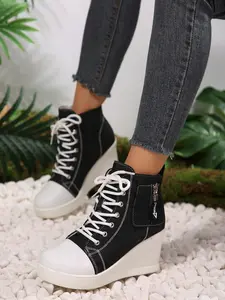 Women's Denim Patchwork Wedge High Top Canvas Shoes, Side Zipper Inner Heel Boost Thick Sole Casual Short Boots, Versatile Lace-Up Ultra-High Heel Women's Shoes