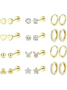 Hypoallergenic 14K Gold Plated Flat Back Earrings for Women Men Stainless Steel Earrings for Sensitive Ears Small Stud Hoop Cartilage Earring Stacking Set for Multiple Piercing Jewelry