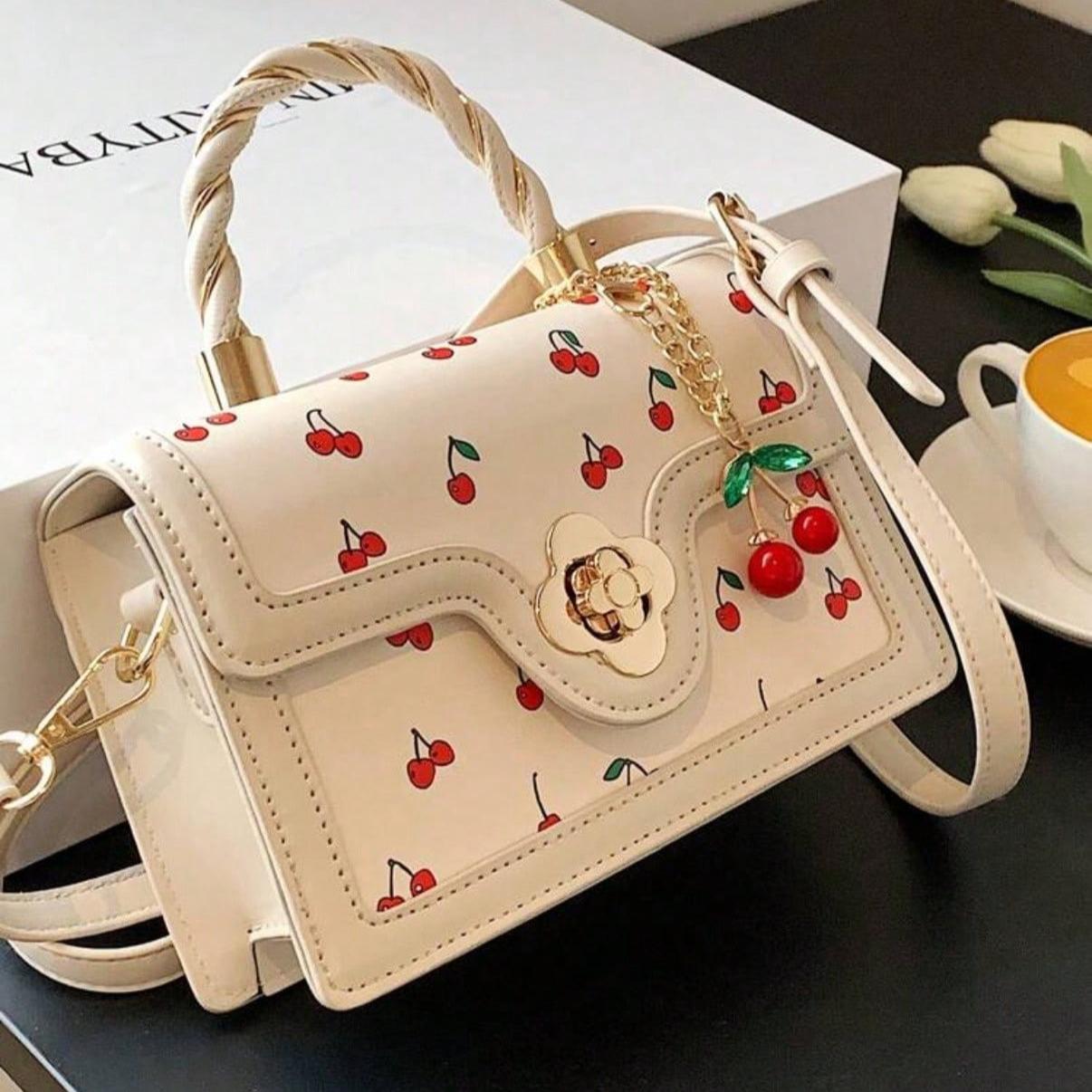 Fashionable High-End Pu Handbag Crossbodybag for Woman, Tote Bag With Versatile Square Shape Cute Cherry Print Shoulderbag, Perfect For Shopping, Dating Or CrossBody For Girls Send Scarf.
