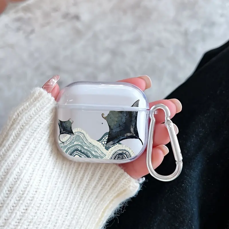 Manta in Waves Pattern TPU Soft Protective Case for Apple AirPods 4/3/2/1/Pro/Pro2 Transparent Earphone Cover with Keychain Attachment