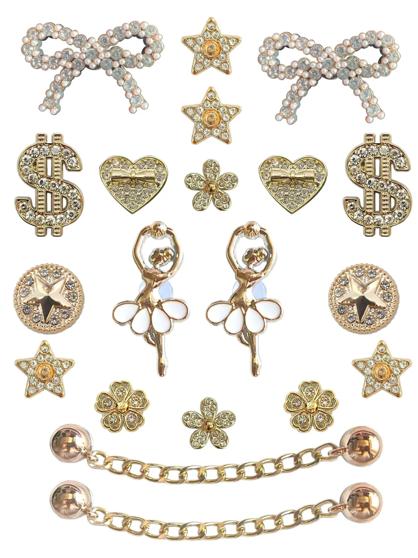 20/24 Pcs Luxury Rhinestone Resin Shoe Buckles, Ballet Girl Bow Chain DIY Shoe Accessories, Shoe Decoration, Elegant Floral Pattern Cute Shoe Charms