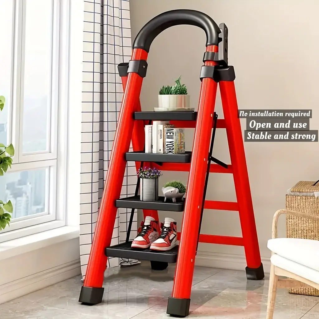 Red Round Head Foldable A-Frame Step Ladder, 286LBS Heavy Duty Steel Step Stool with 1.22mm Wide Anti-Slip Pedal & Horseshoe Rubber Feet, Sponge Handrail Collapsible Ladder for Home Clean, Kitchen, Painting & Housewarming Gift