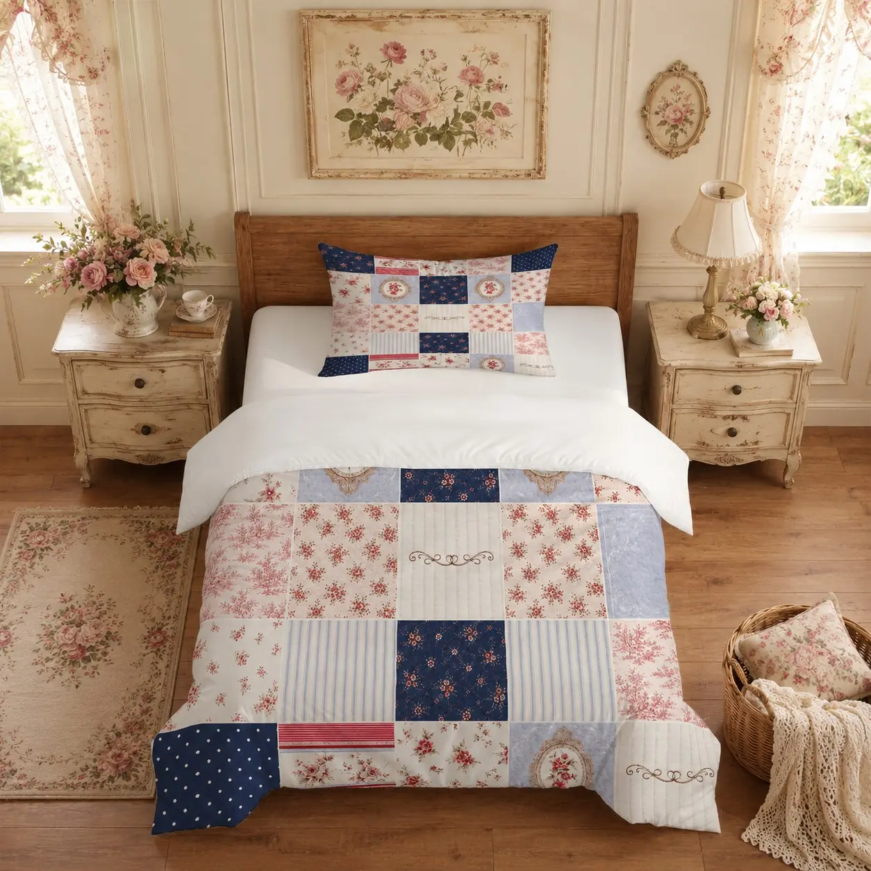 2/3 Pieces Patchwork Floral Duvet Cover Set (1 Duvet Cover + 1/2 Pillowcases, No Inserts Included), Vintage Country Cottage Style Digitally Printed Bedding, Perfect for Bedroom, Farmhouse Interior, Home Decoration & Holiday Gift Giving