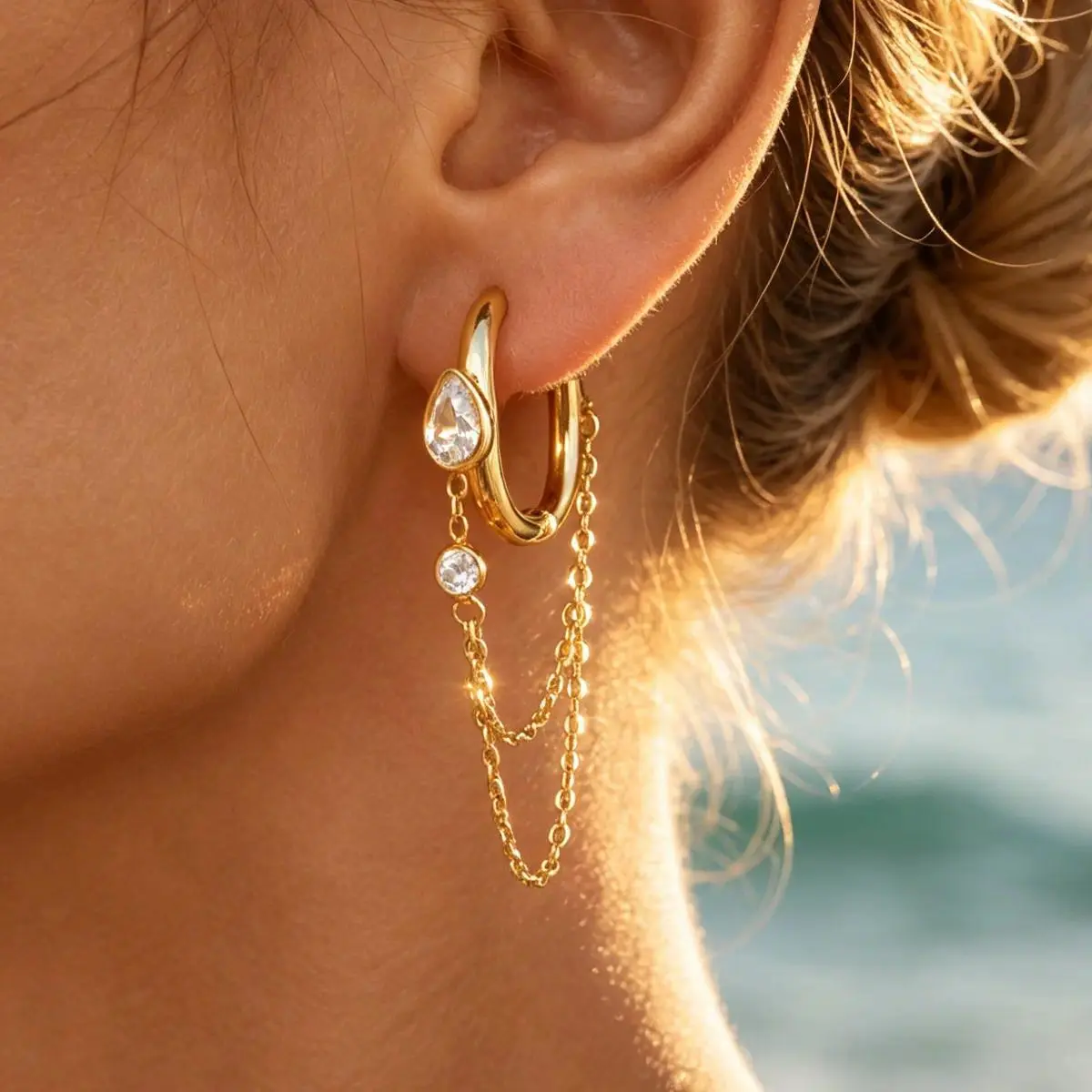 Vintage Gold-Tone Hoop Earrings for Women, Boho Huggies with Layered Chain and Crystal Waterdrop Dangle for Everyday Wear, 1 Pair, Retro, Female, Waterdrop Crystal, Daily, Bezel-Set Teardrop Gem, Fashionable Huggie Earrings, Elegant, Lightweight, Women's,
