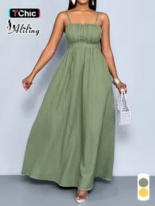 Elegant Chic Minimalist Summer Casual Wear Women's Solid Color Dress, Fine Strap Shoulder Cut Out Shirred Long Dress, Perfect for Leisure and Travel, Casual Fashion Dress