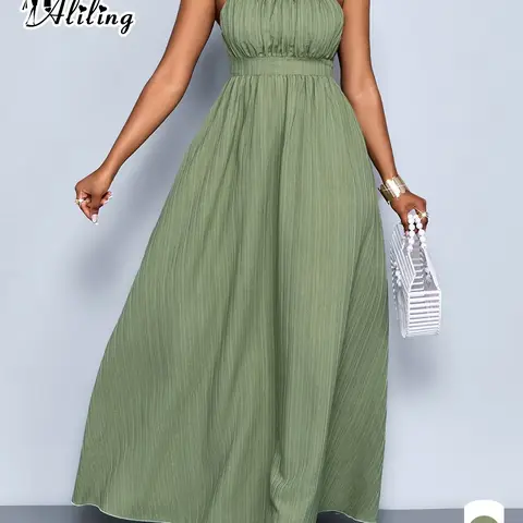 Elegant Chic Minimalist Summer Casual Wear Women's Solid Color Dress, Fine Strap Shoulder Cut Out Shirred Long Dress, Perfect for Leisure and Travel, Casual Fashion Dress