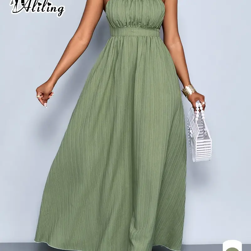 Elegant Chic Minimalist Summer Casual Wear Women's Solid Color Dress, Fine Strap Shoulder Cut Out Shirred Long Dress, Perfect for Leisure and Travel, Casual Fashion Dress