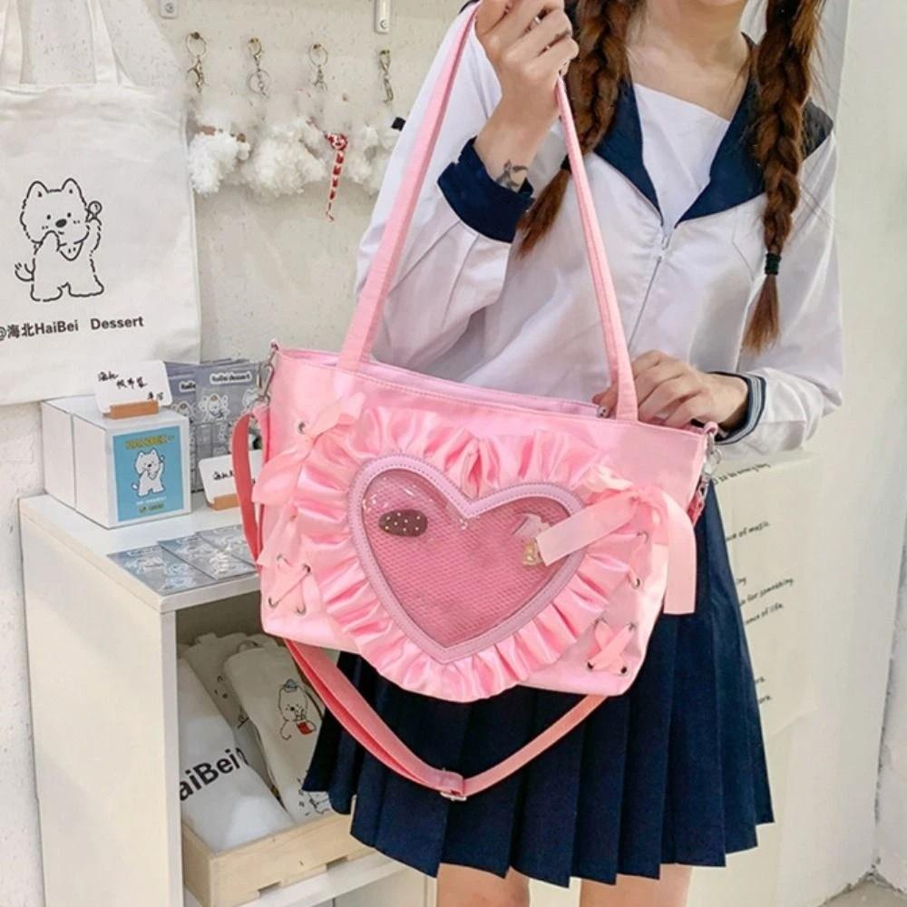 Creative Lace-up Heart Itabag Ribbon PU Anime Tote Bag Badge Display Love PVC Transparent Shoulder Bag Men