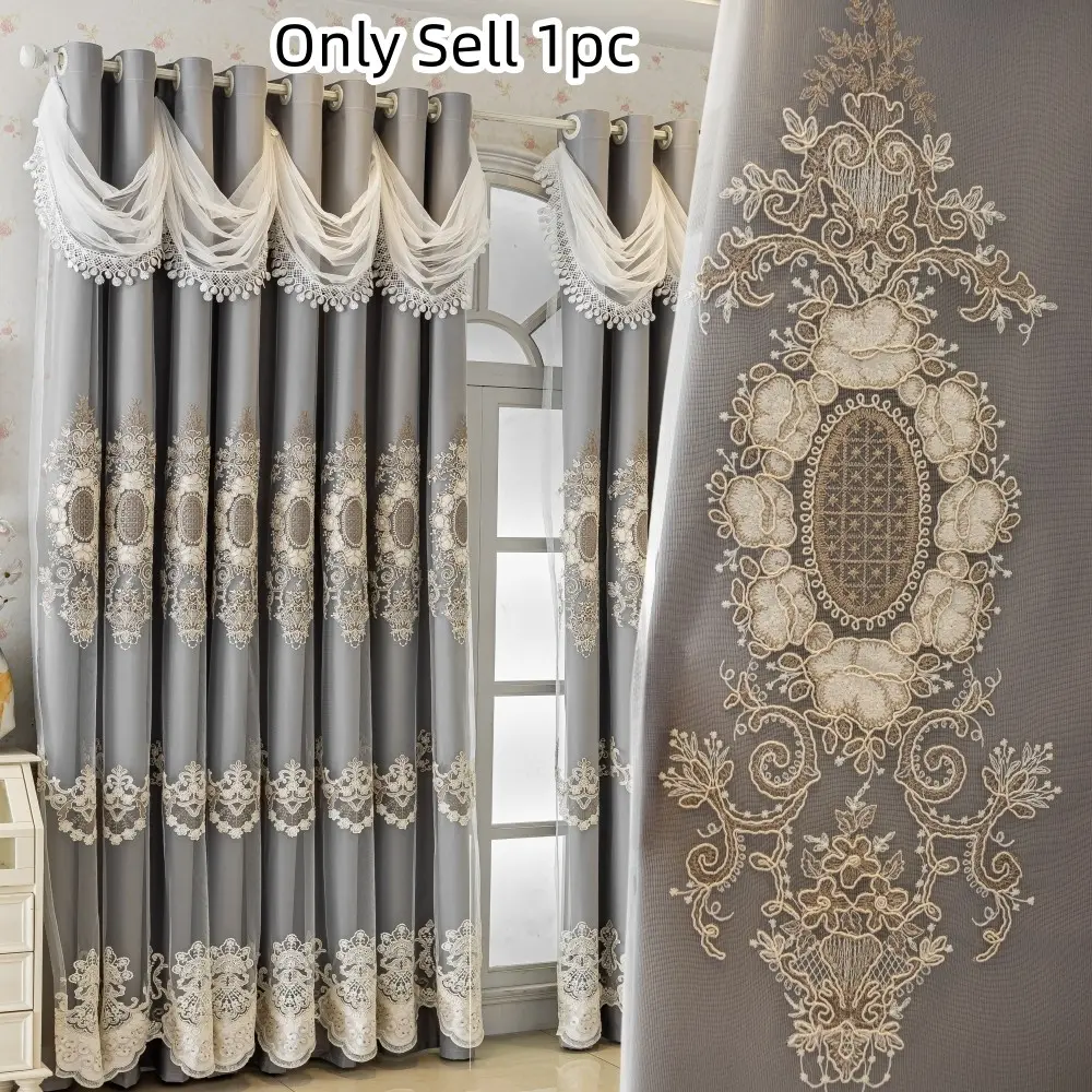 1pc European Luxury Embroidered Double Layer Blackout Window Curtain, with water wave curtain top, UV Protection, Privacy, Bedroom Living Room Home Decor, Insulation Sunscreen, Window Drapes, Blackout Curtains