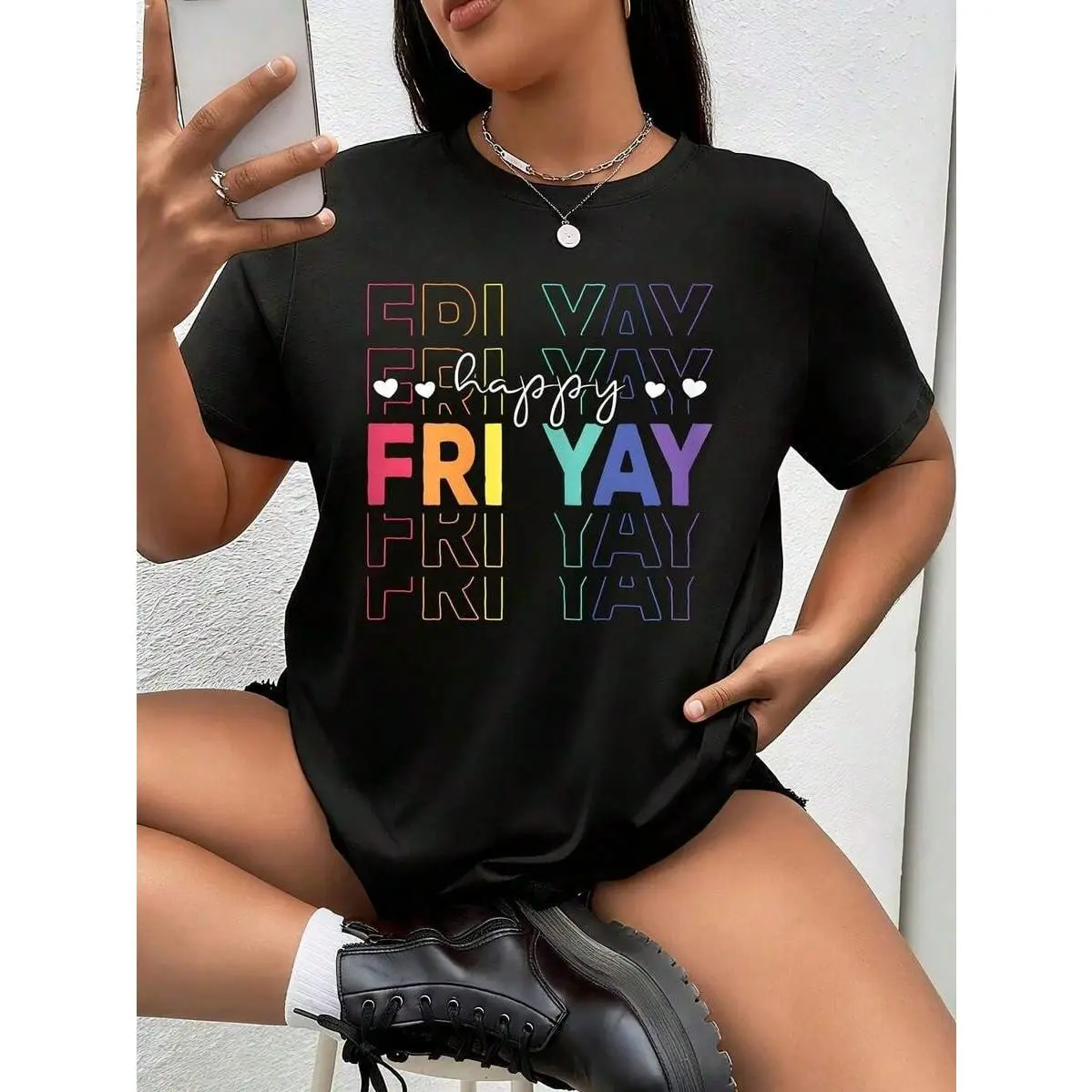 Happy Fri Yay Funny Teacher Friday Saying 1 Pcs Women's Plus Size T-Shirt Funny Oversized Graphic Short Sleeve Tee Novelty Shirt Polyester Crew Neck Top Casual Clothing