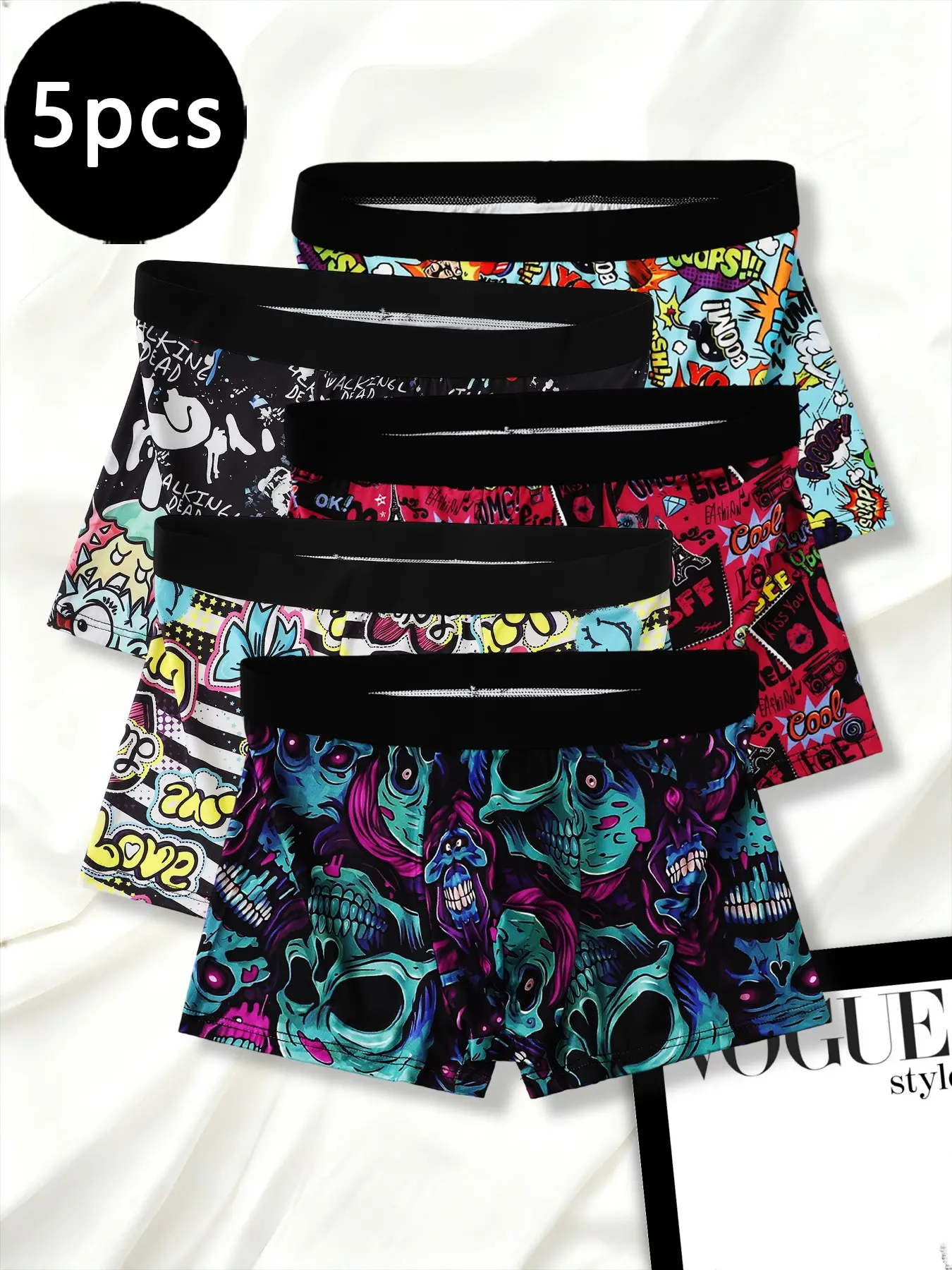 5-Pack Men's Fun Graffiti Print Boxers, Trendy Casual Sportswear, Soft Breathable, Fitted Design, All Seasons Wear, Boxers Briefs