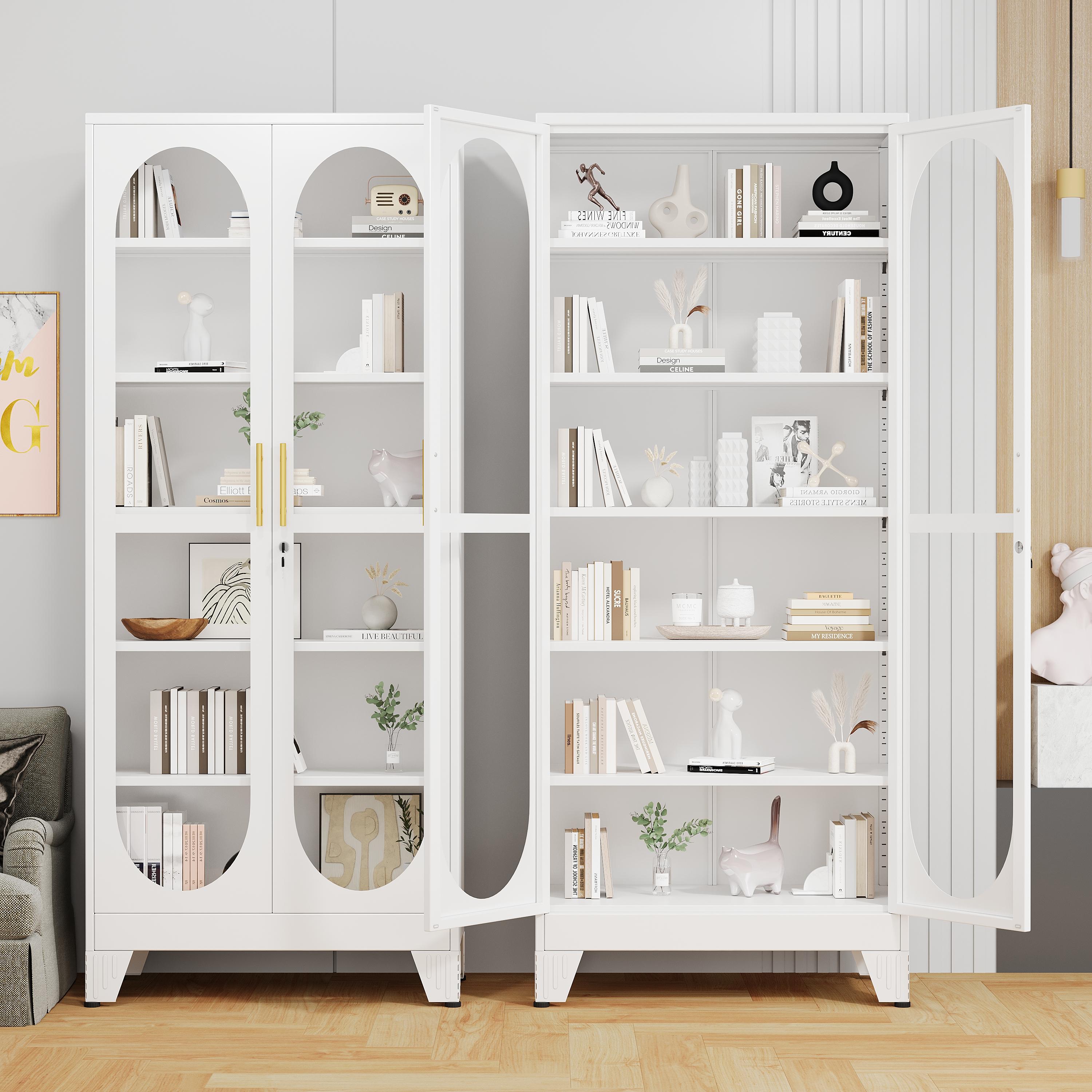 61"  71"  75" Tall Display Cabinet with Glass Door, 5 Tier Metal Curio Cabinet with 4 Adjustable Shelves, Locking Glass Display Case for Collectibles, Showcase Storage Cabinets for Showroom Clinic, White