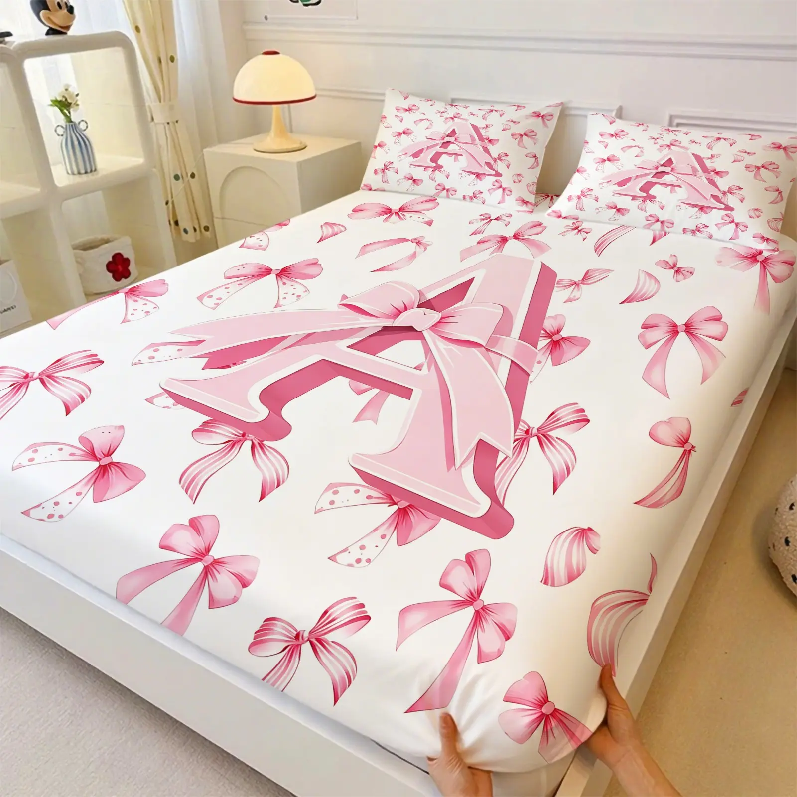 Initial Letter A Fitted Sheet Cute Monogrammed Bowknot Bed Sheets Full Pink Bow Princess for Women Lady Modern Simple Pink White Bow Knot 3 Pcs Bedsheets