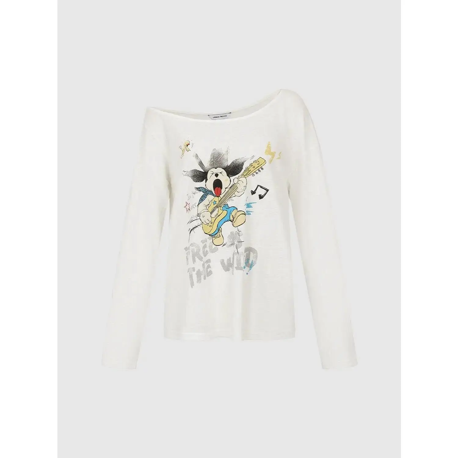 URBAN REVIVO Cotton Graphic Guitar Print One Shoulder Long Sleeve T-Shirts