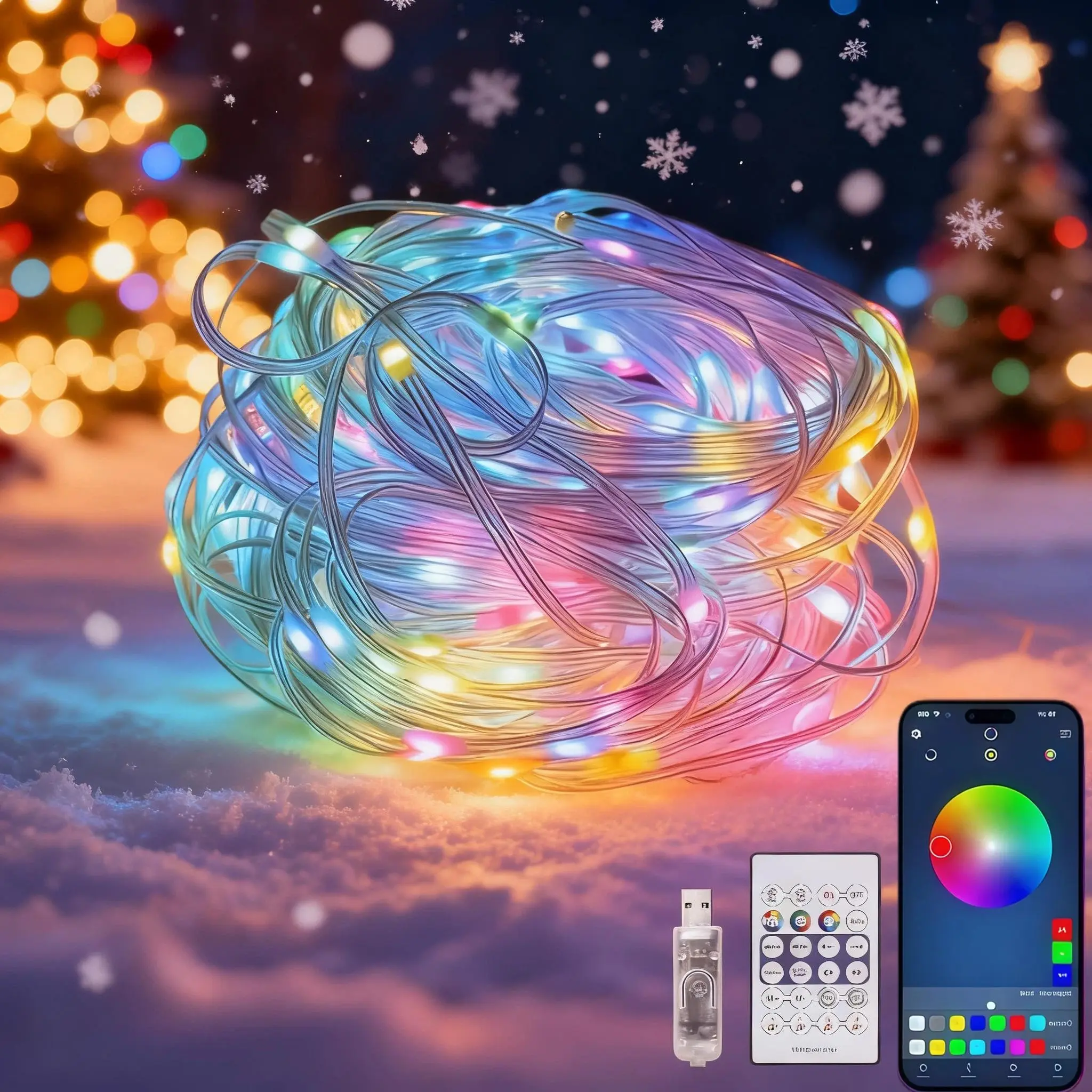 Halloween Christmas RGB Leather Wire String Lights,USB Powered,APP Remote Control,Music Sync DIY Color Changing Waterproof Fairy Lights,for Bedroom Wedding Party Camping Easter St Patrick's Day Indoor Decor