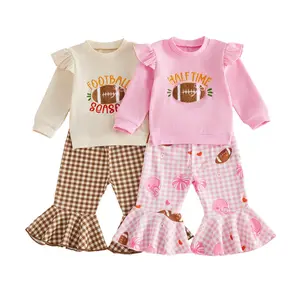Toddler Baby Little Girls Pants Set Long Sleeve Letters Football Sweatshirt with Plaid Flare Pants Set 1-5 Years