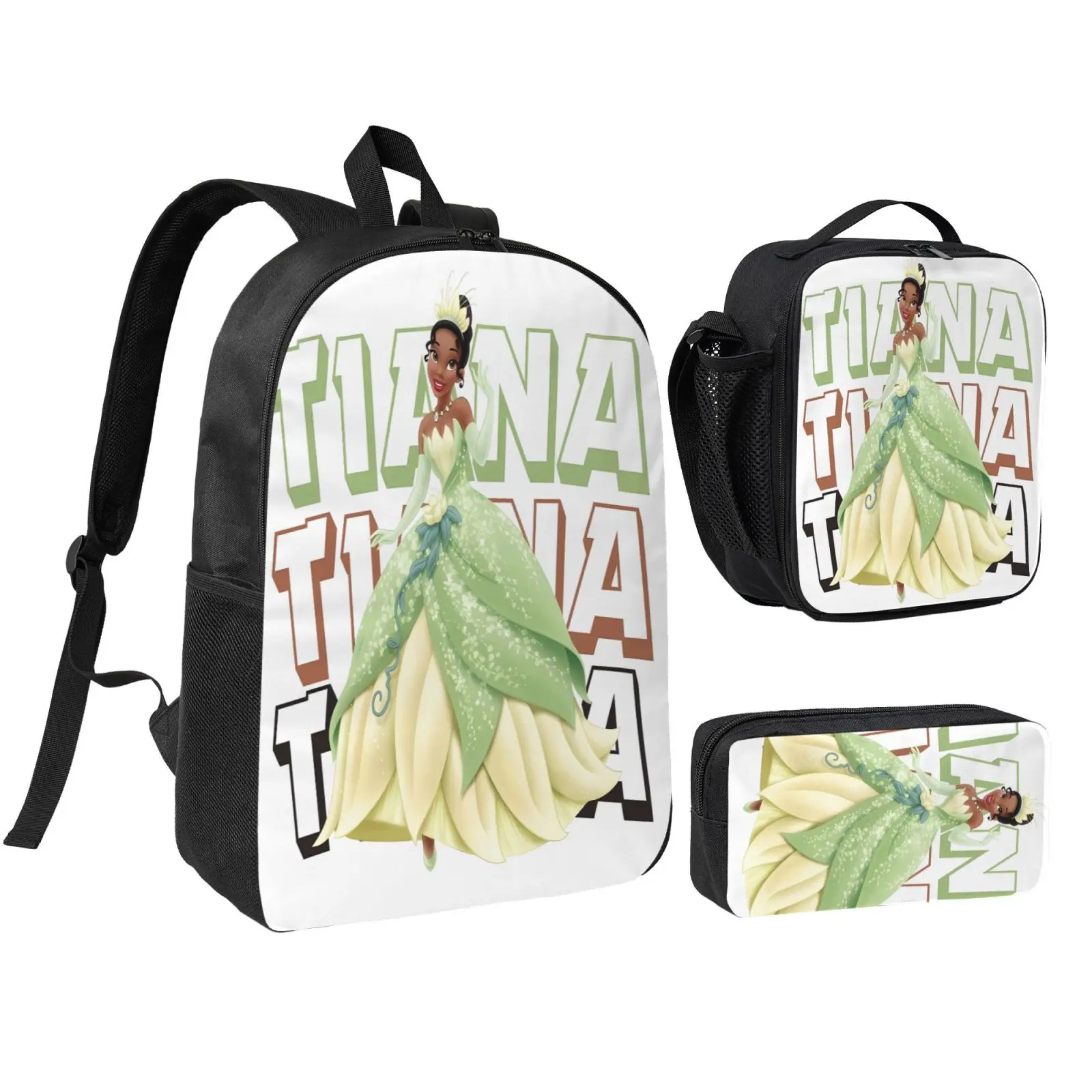 Unisex Princess Tiana3 3Pcs Anime Backpack Set for Teen Boys Girls, Adjustable Strap School Bookbag with Insulated Lunch Bag & Pencil Case, Lightweight Daypack for School Travel Office