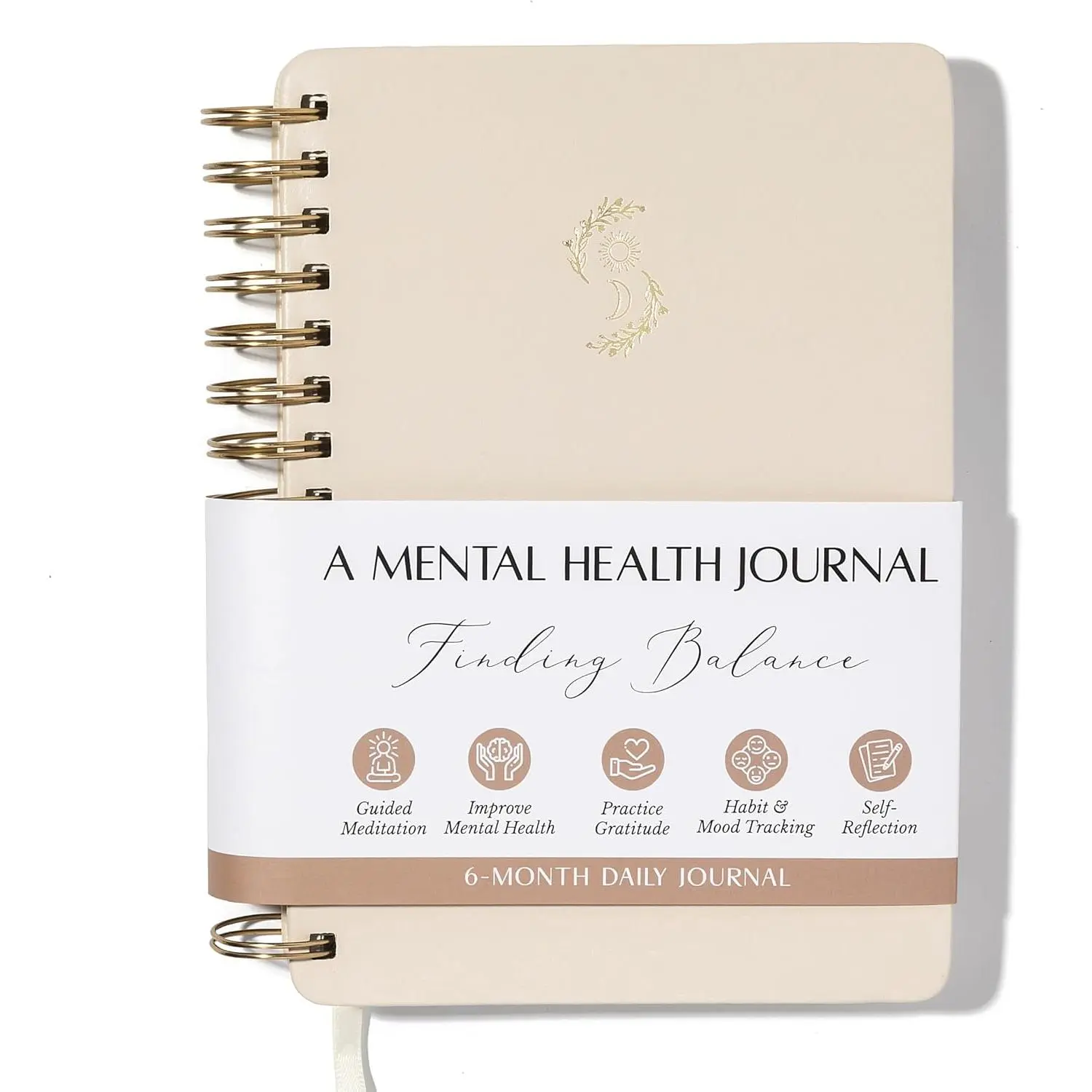 FINDING Mental Journal - 6-Month Daily Office Personal Organiser with Mindful Prompts, Self-Care Aid, Depression Support - Beige Spiral