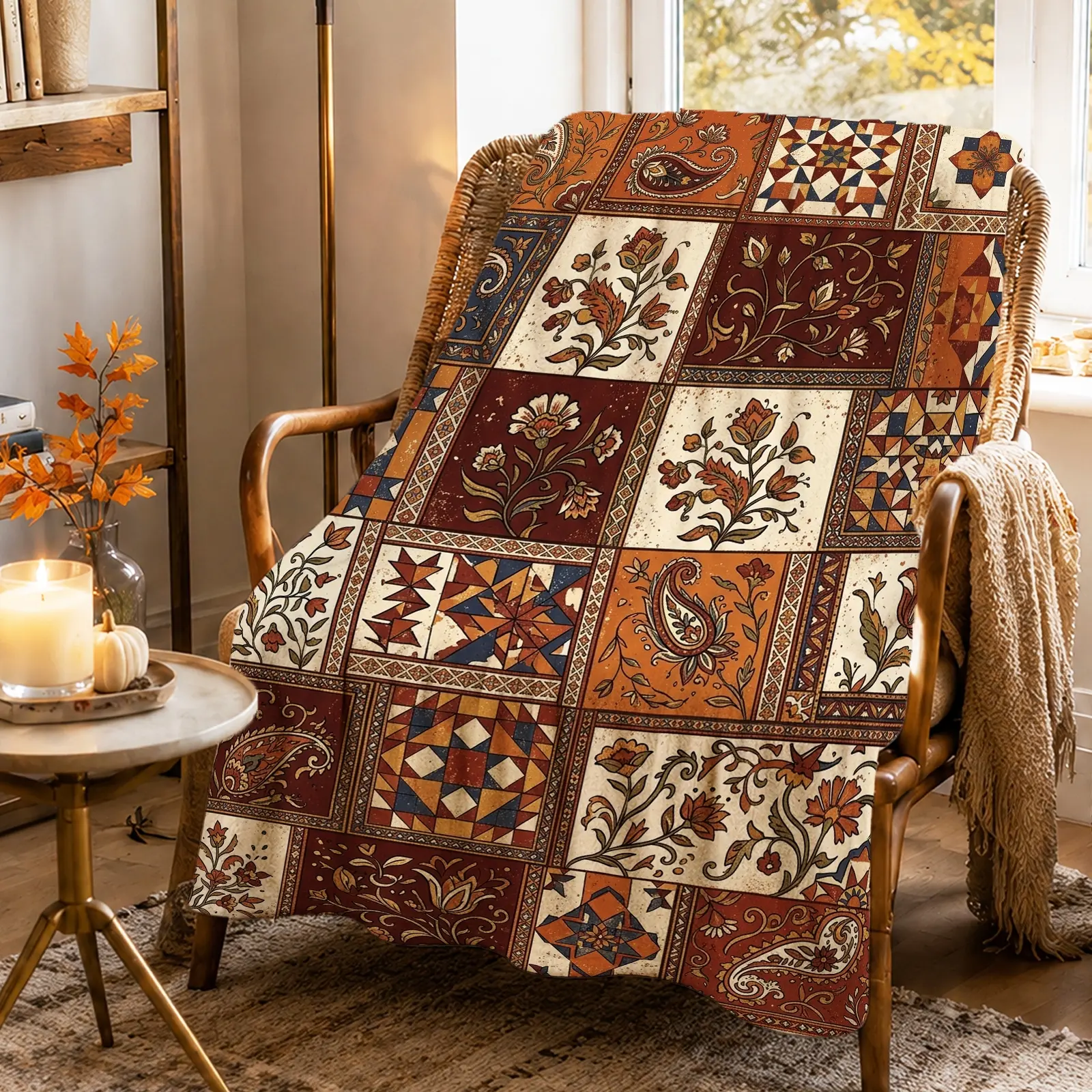 1pc Floral Paisley Patchwork Blanket, Vintage Rustic Style, All-Over Floral and Geometric Patterns with Warm Earthy Tones, for Sofa Living Room Fall Home Decor