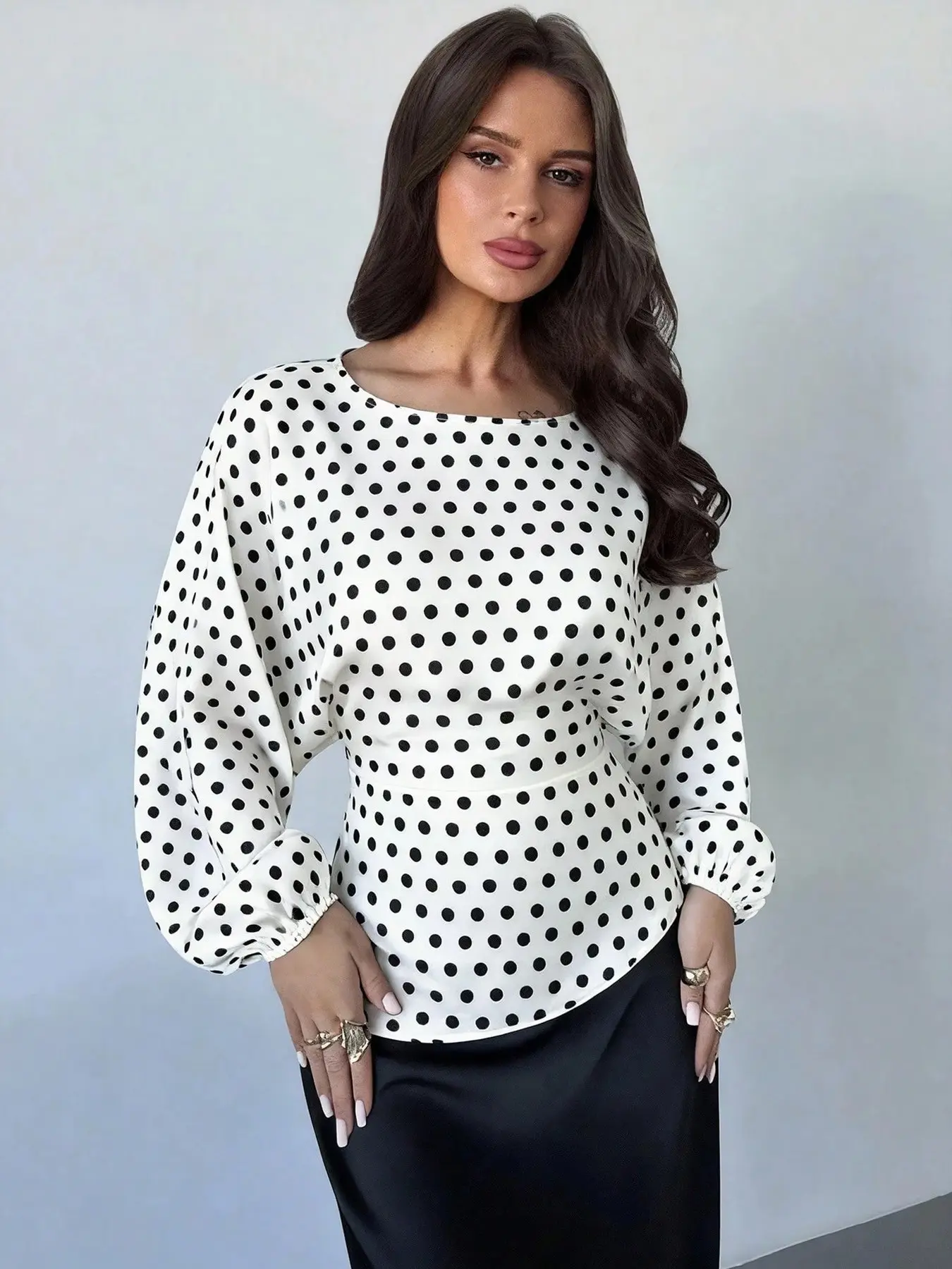 Elegant Batwing Sleeve Top for Women, X-Shape Regular Fit, Polka Dot Shirt, Summer Office Wear, Breakfast Lunch