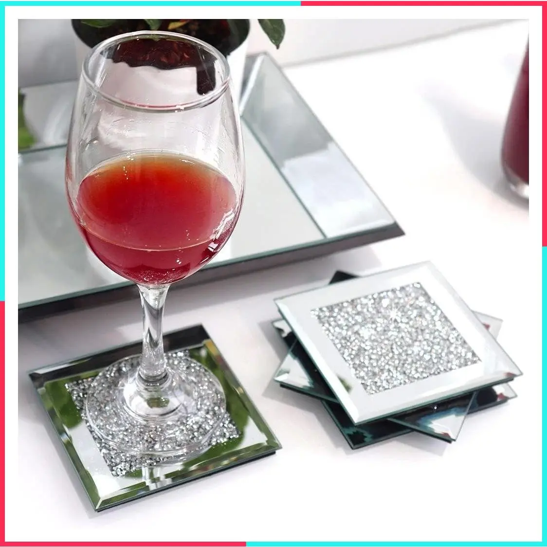 Glass Mirrored Coaster Set of 4, Crushed Diamond Square Cup Mats 4 Inch, Tabletop Decor for Bar Tools and Dining Table