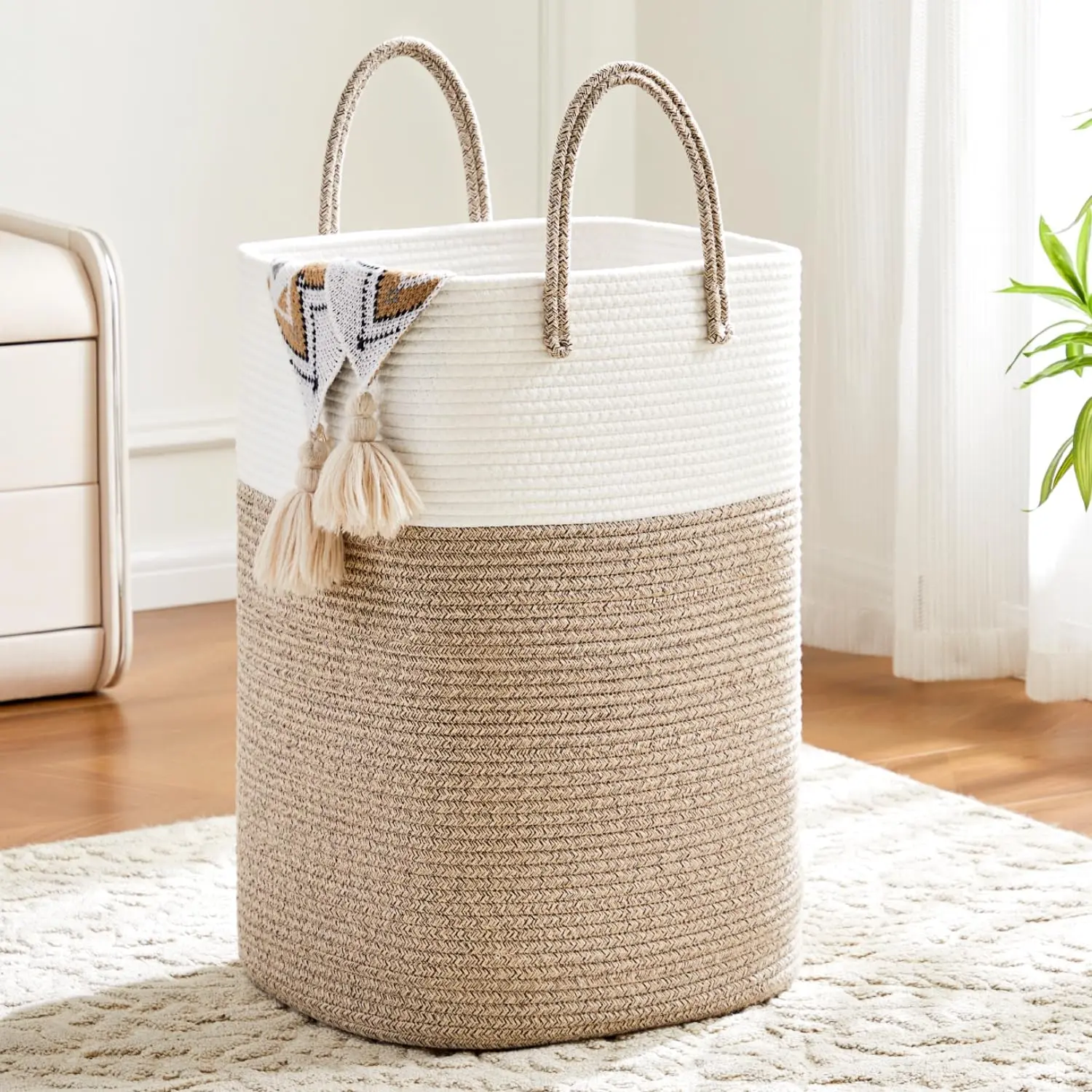 60L Brown Woven Cotton Rope Laundry Basket with Rope Handles - Solid Weave, Washable Clothes Storage for Dirty Clothes, Baby Toys, Blankets - Daily Use Home Laundry Hamper for Bathroom, Nursery