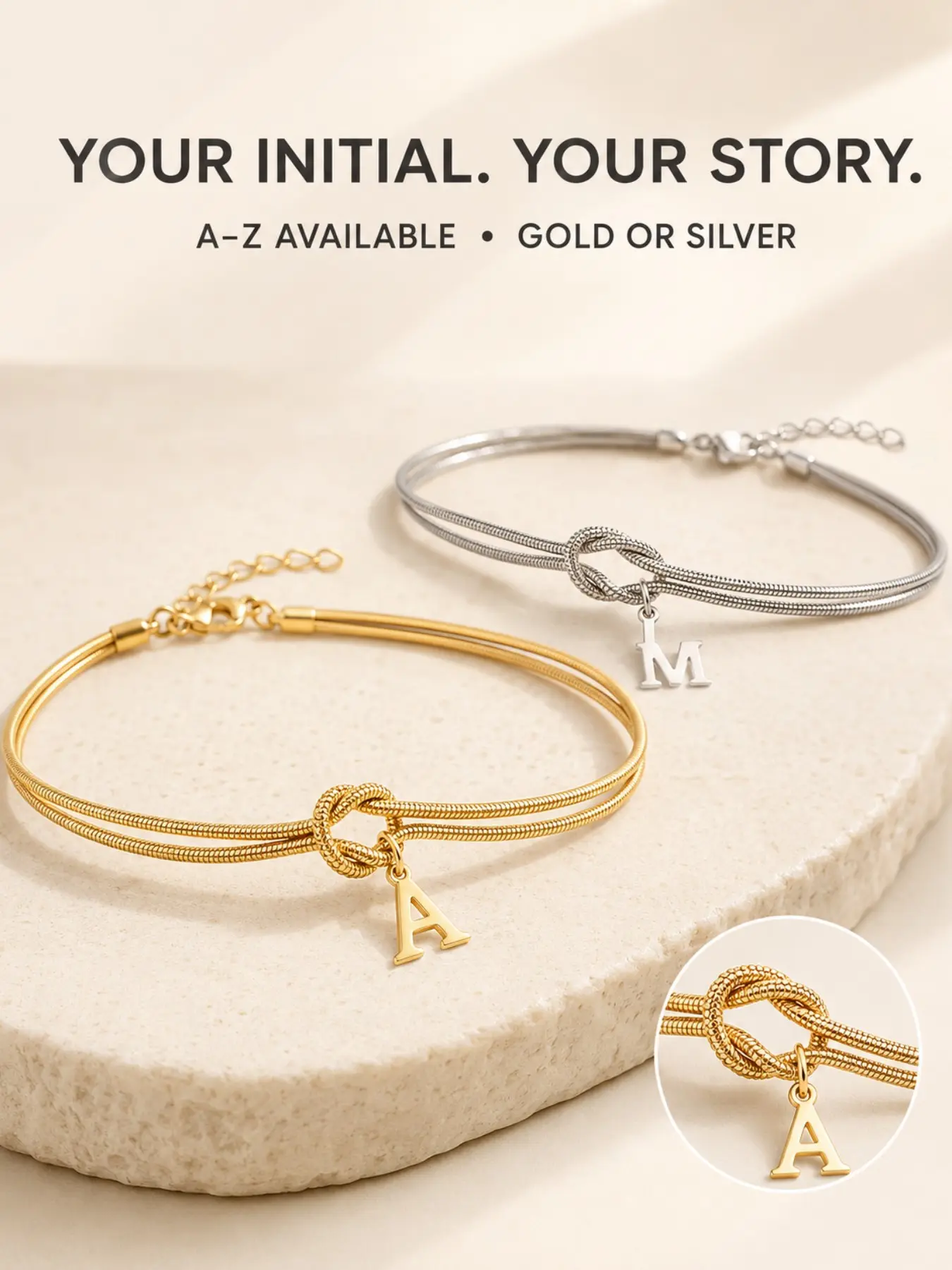 Dainty Initial Knot Bracelet for Women, A–Z Letter Charm, Gold or Silver Tone Personalized Jewelry Gift for Sister, Girlfriend, Mom or Daughter;initial bracelet for women, personalized letter bracelet, knot bracelet, A-Z initial charm bracelet