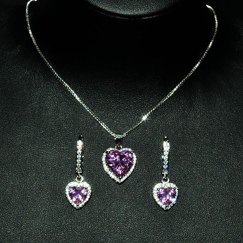 Heart-shaped pink diamond pendant, luxurious full-diamond pink crystal set, open ring and earrings
