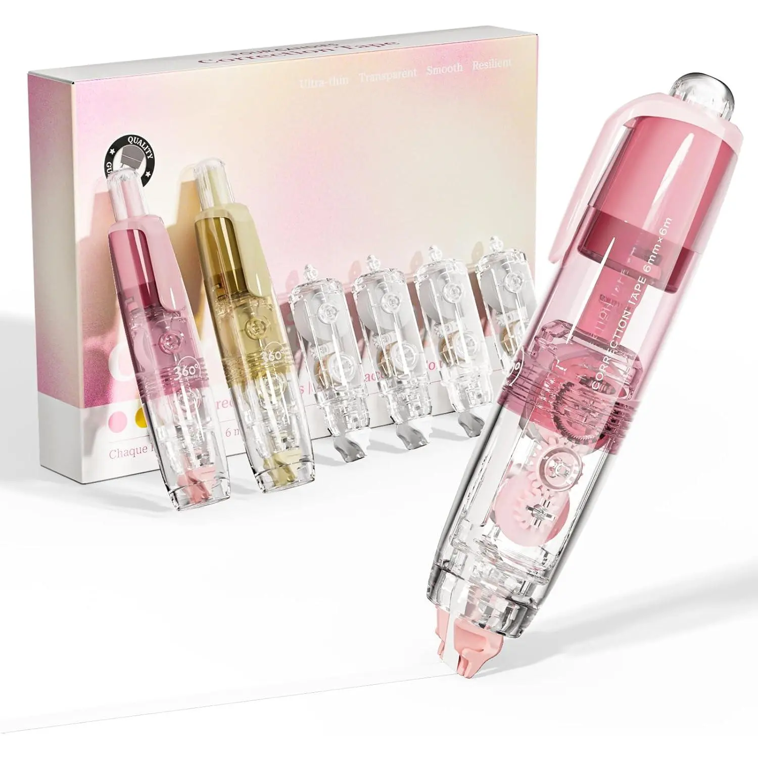 Pen-Style Refillable Retractable White Correction Tape (2PCS, Pink Apricot) - Cute Smooth Push-Pull Applicator, 4 Extra Refills, Comfortable to Hold, Easy to Carry, Clearly Monitor Remaining Tape for Daily Office Use