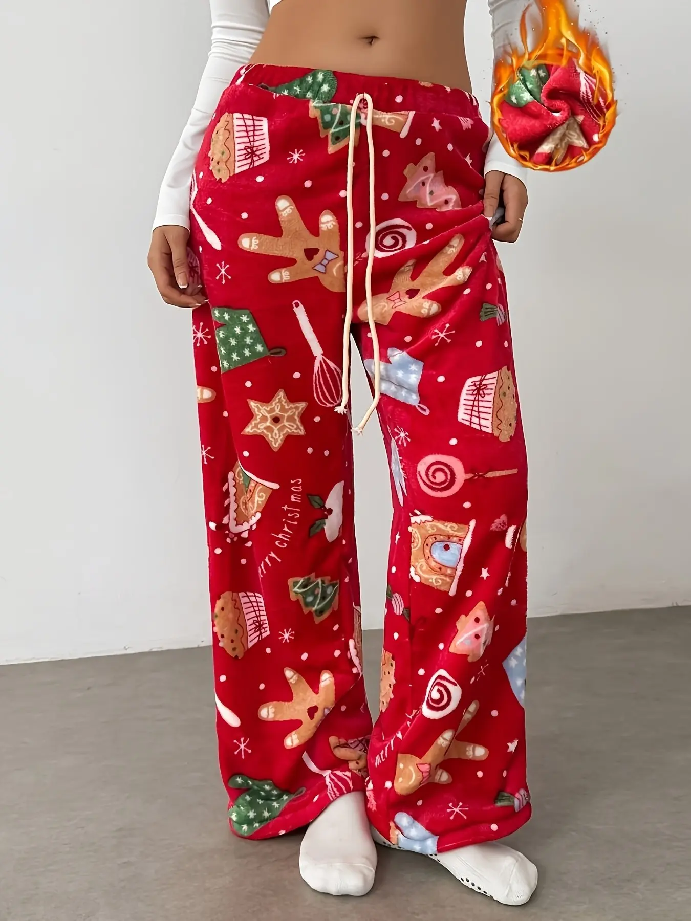 Christmas Print New Fall Winter Fleece Thick Soft Warm Straight Leg Pants, Loose Comfortable Skin-Friendly Home Casual Long Pants, Festival Wide Leg Pants